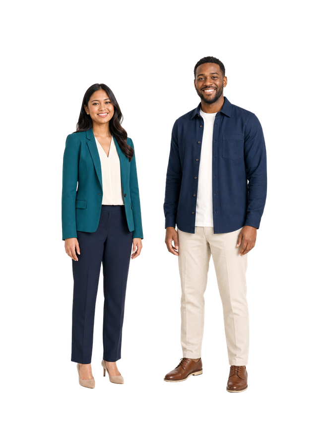 Two remote professionals stand together as collaborative peers.