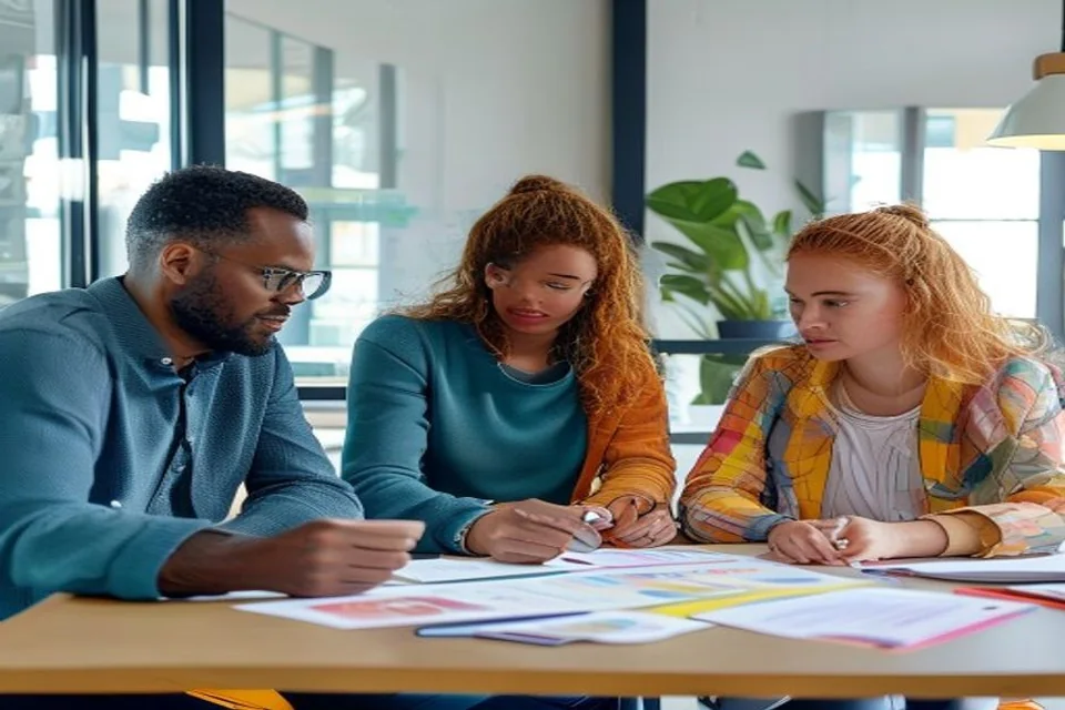 Three remote professionals share context around a workflow.