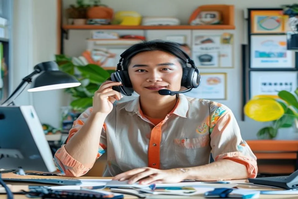 A remote candidate checks a headset and home workspace.