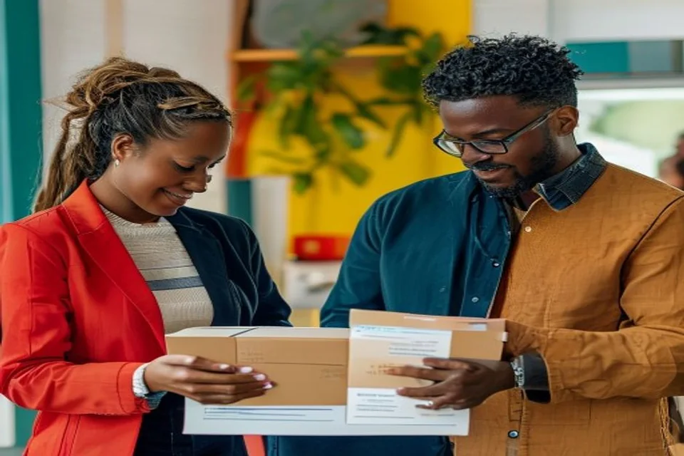 Two professionals coordinate an e-commerce fulfillment handoff.