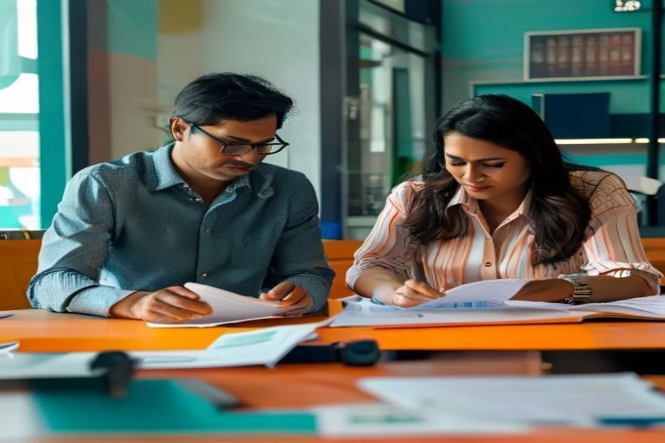 Two finance professionals review reporting preparation together.
