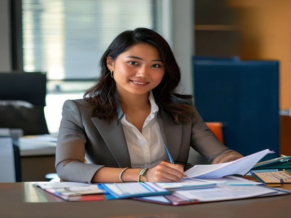 A client-operations professional organizes meeting materials.