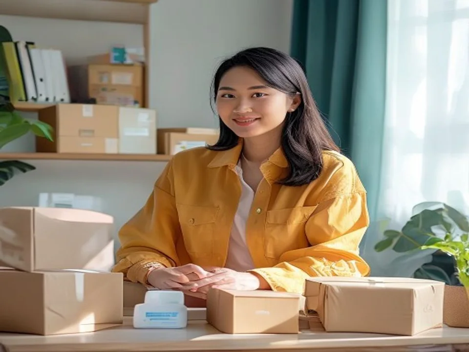 A virtual assistant organizes product notes beside unbranded parcels.