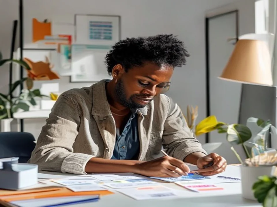 A business owner sorts task cards into separate groups.