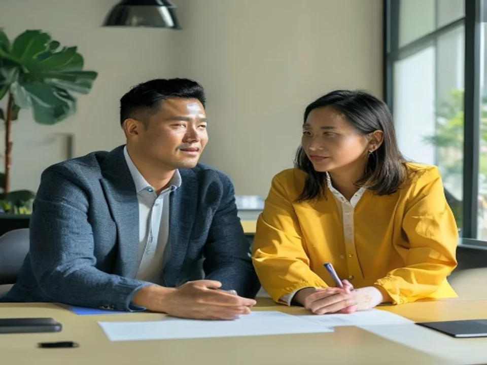 Two colleagues review shared priorities together at a table.