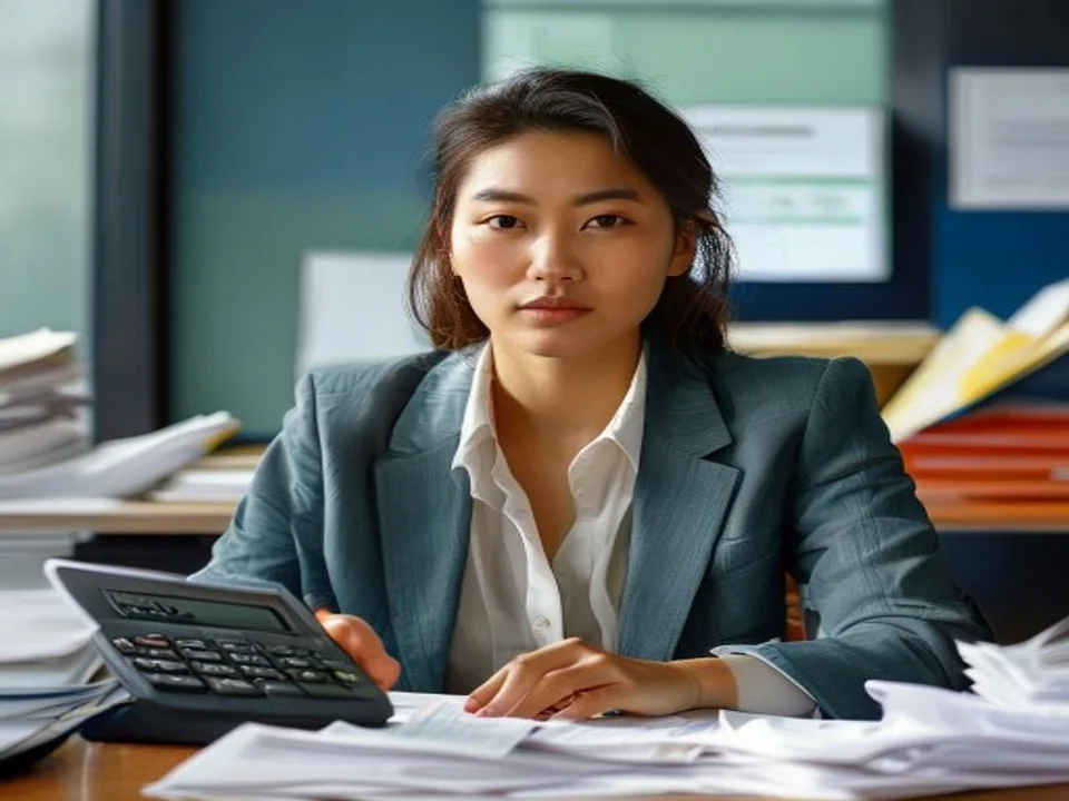 A finance professional organizes receipts beside a calculator.