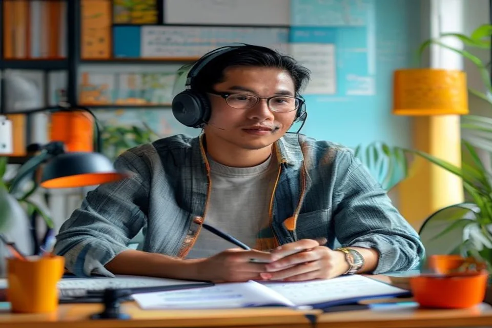A content writer takes notes during a remote source interview.
