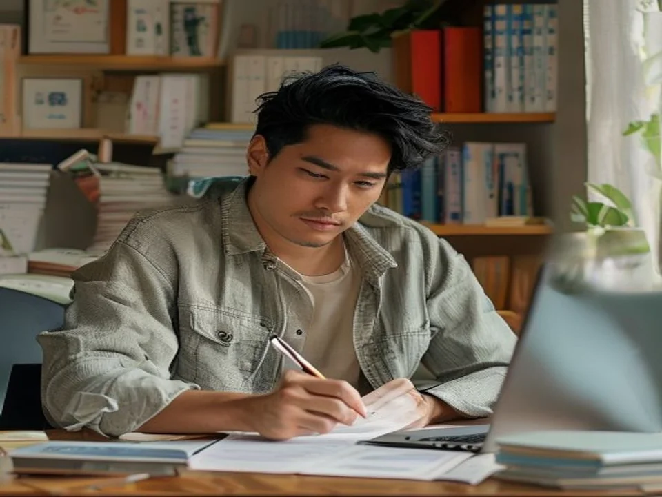 A content writer edits a printed draft beside a laptop.