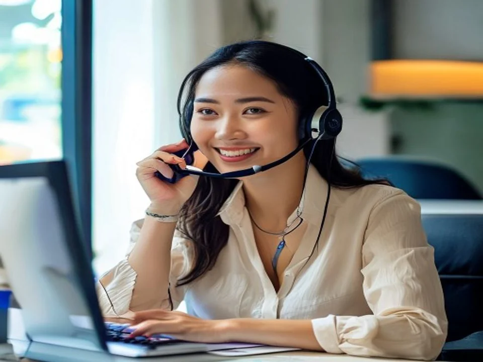 A customer support professional takes notes while wearing a headset.