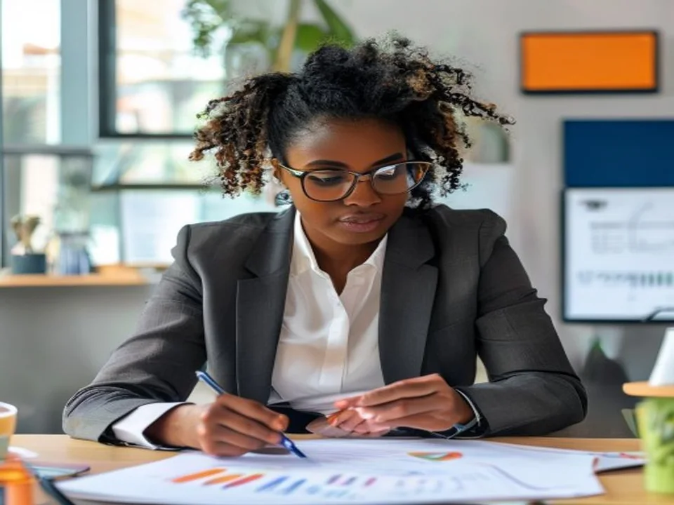 A marketing professional reviews campaign notes at a desk.
