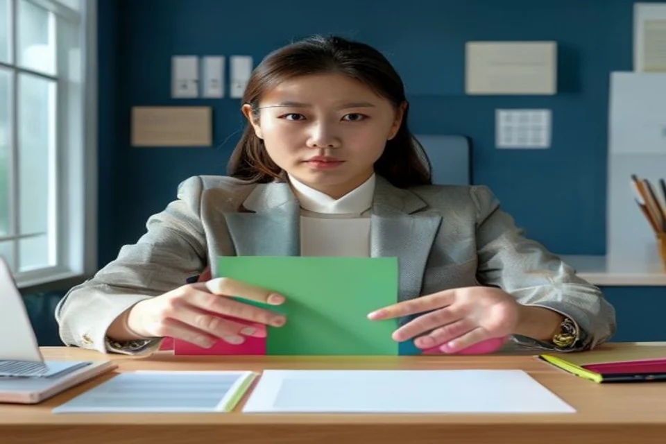 An executive assistant organizes an agenda and briefing materials.
