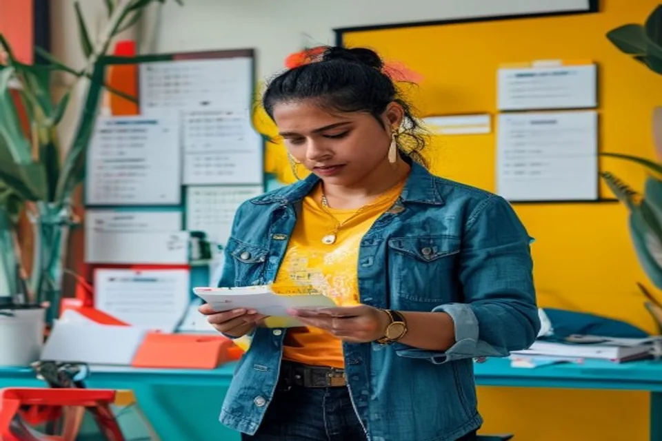 A social media manager arranges materials for a content batch.