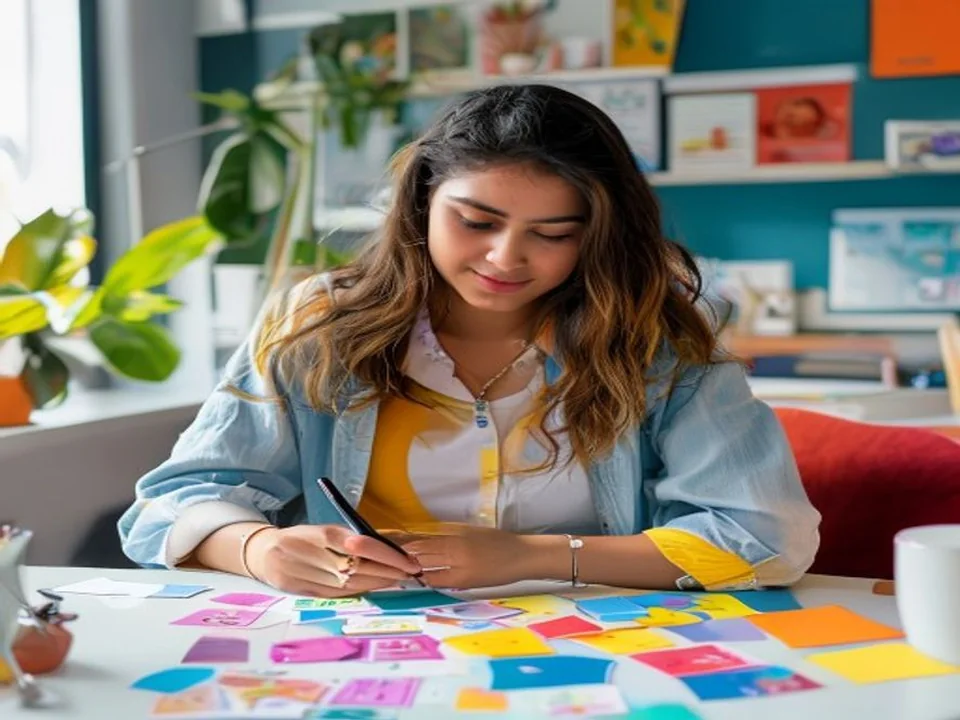 A social media coordinator arranges content-planning cards.