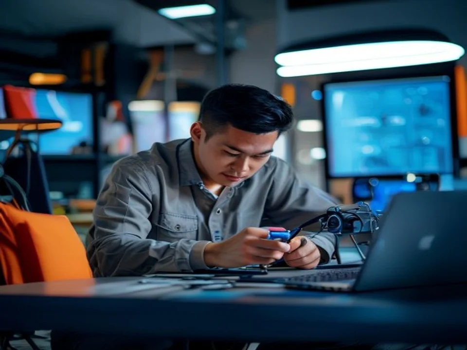 A technical support professional checks a device beside a laptop.