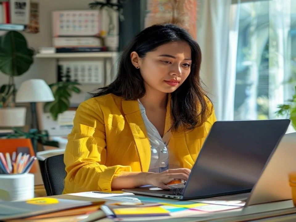 A virtual assistant organizes notes beside her laptop.